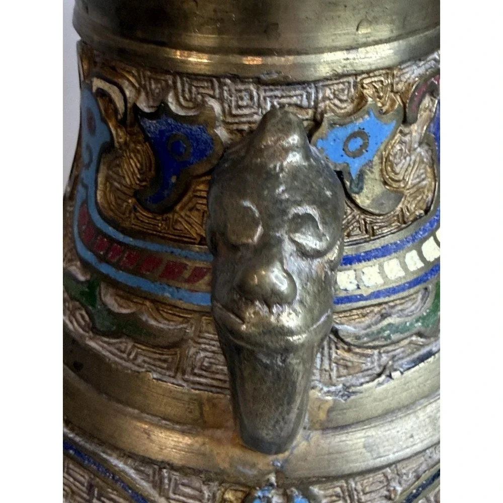 Vintage Japanese Champleve Enamel Brass Bronze Vase Urn Dragon Handle Antique